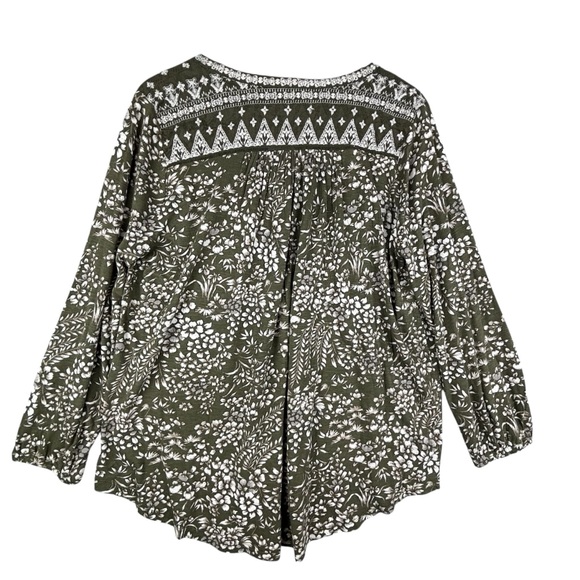 Lucky Brand Top Women 1X Olive Green Floral Embroidered Tassels Split V-Neck - Picture 2 of 16